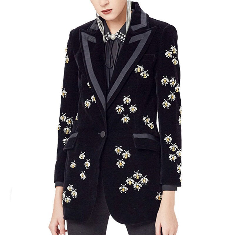 Luxury Women Velvet Suit Jacket, jewellery Bees Embroidery Blazer Coat for wedding, party, prom, office or gift