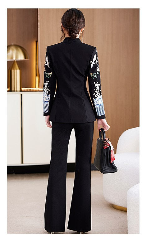 Oriental embroidery cranes pantsuit, designer woman embroidery sleeves blazer + pants, suit set for Party Event/ Prom Wedding/ Office