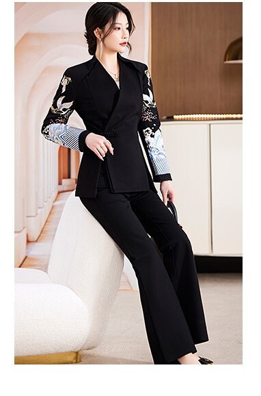 Oriental embroidery cranes pantsuit, designer woman embroidery sleeves blazer + pants, suit set for Party Event/ Prom Wedding/ Office