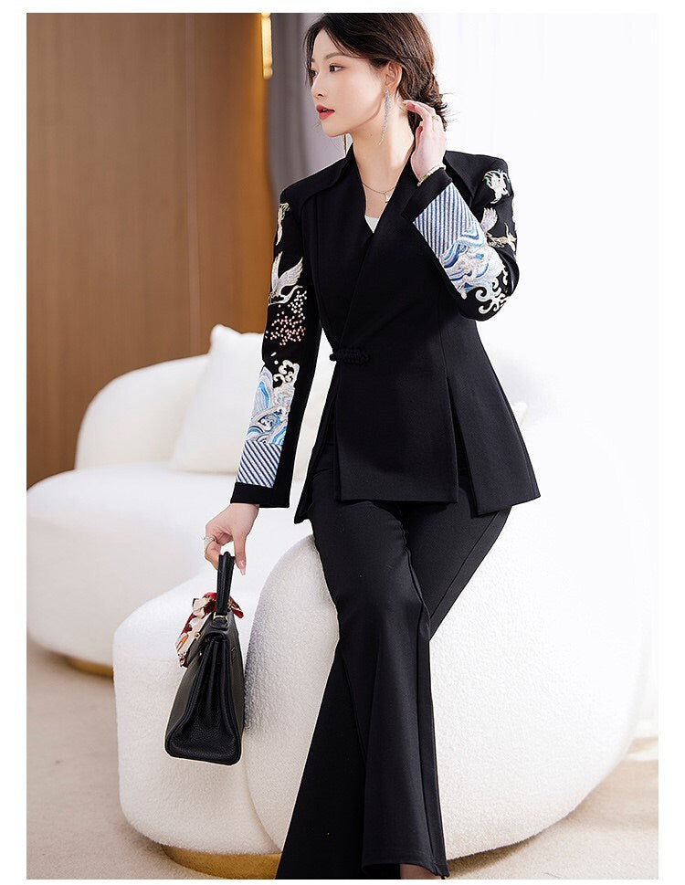 Oriental embroidery cranes pantsuit, designer woman embroidery sleeves blazer + pants, suit set for Party Event/ Prom Wedding/ Office