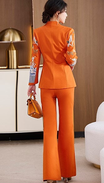 Oriental embroidery cranes pantsuit, designer woman embroidery sleeves blazer + pants, suit set for Party Event/ Prom Wedding/ Office