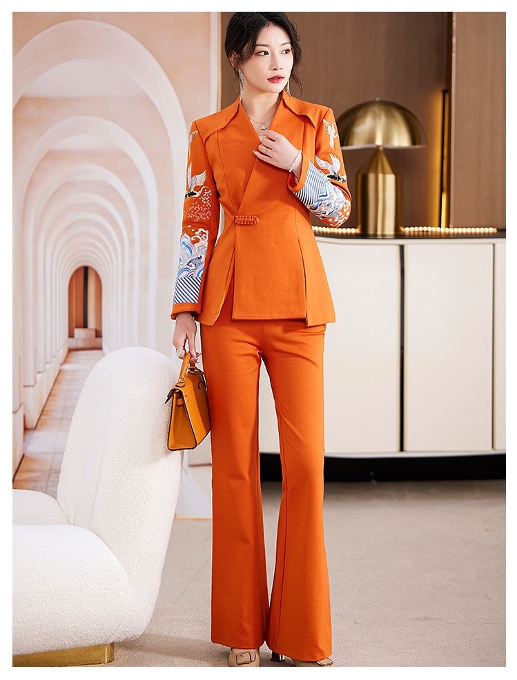 Oriental embroidery cranes pantsuit, designer woman embroidery sleeves blazer + pants, suit set for Party Event/ Prom Wedding/ Office