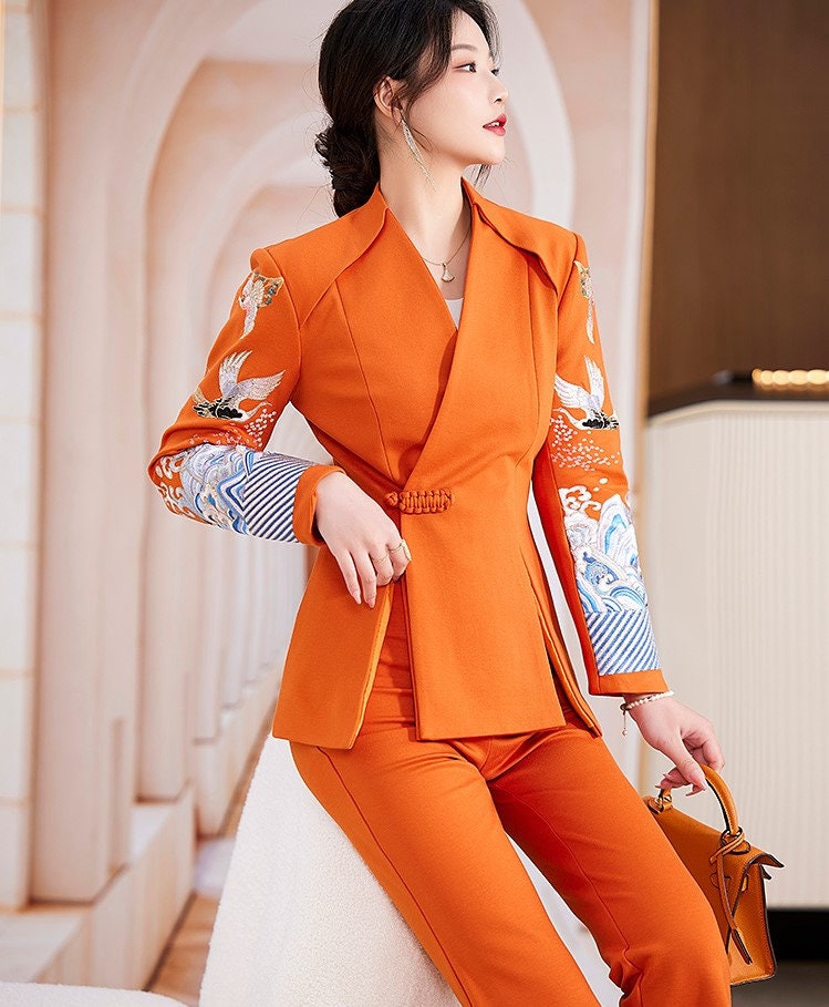 Oriental embroidery cranes pantsuit, designer woman embroidery sleeves blazer + pants, suit set for Party Event/ Prom Wedding/ Office