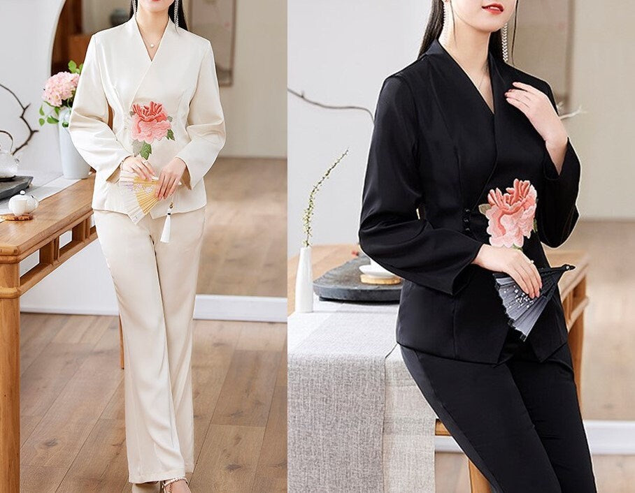 Floral embroidery pantsuit, designer woman embroidery sleeves blazer + pants, suit set for Party Event/ Prom Wedding/ Office