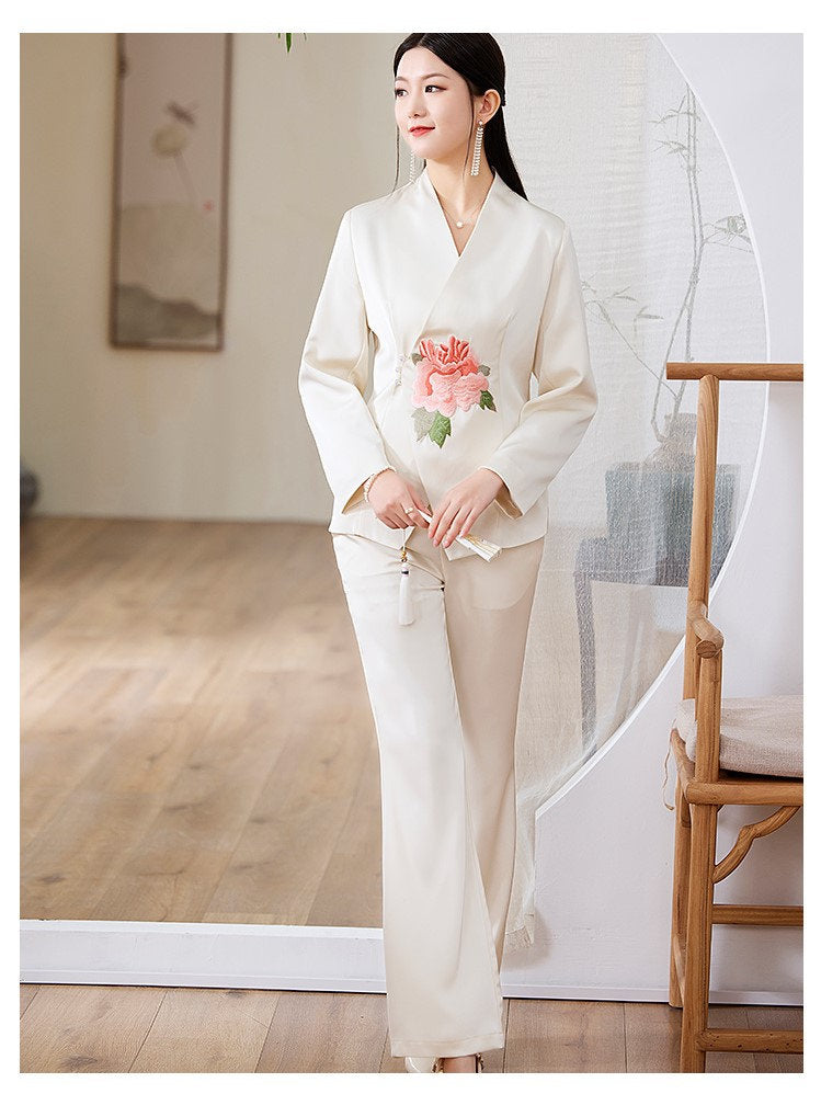 Floral embroidery pantsuit, designer woman embroidery sleeves blazer + pants, suit set for Party Event/ Prom Wedding/ Office