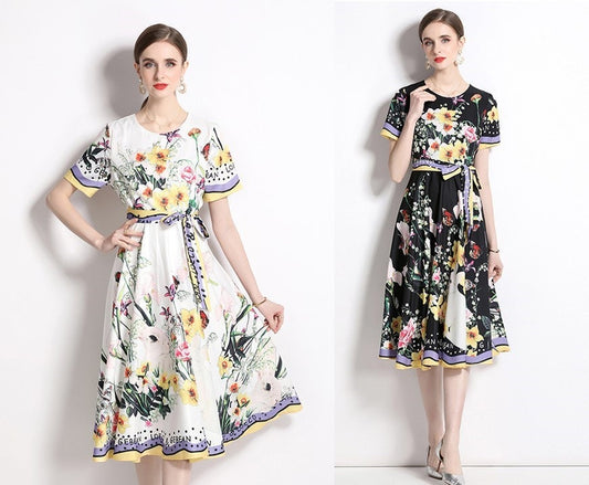 Floral print colorful midi dress, designer woman elegant long one piece dress Smart Causal/ Formal/ Party Event/ Prom Wedding/ office