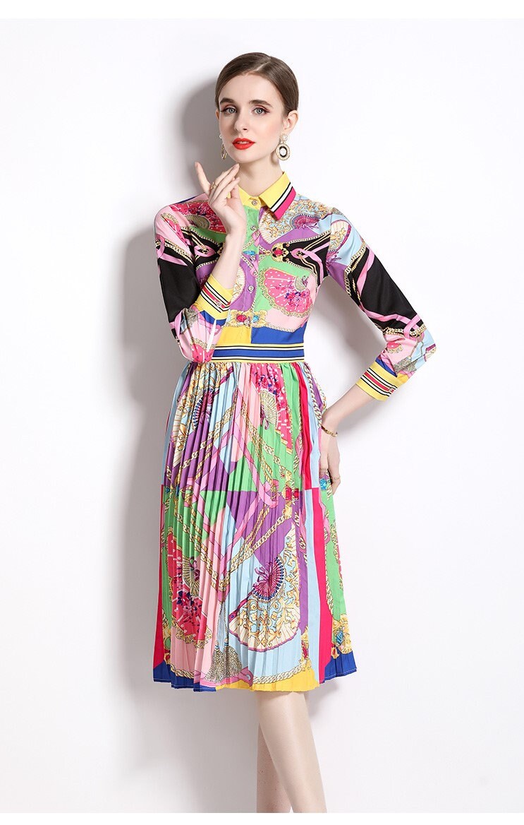 Patchwork print colorful midi dress slim cut, designer woman classic pleated dress Smart Causal/ Formal/ Party/ Prom Wedding/ office