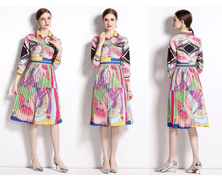 Patchwork print colorful midi dress slim cut, designer woman classic pleated dress Smart Causal/ Formal/ Party/ Prom Wedding/ office