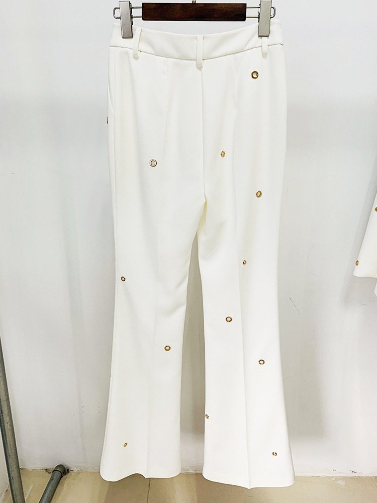 Designer Women Hand Made Metal Rings White Blazer + Mid-High Rise Flare Trousers Pants Suit White/ Black for prom party wedding gift