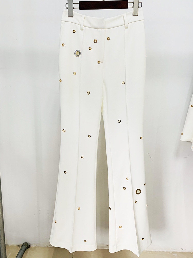 Designer Women Hand Made Metal Rings White Blazer + Mid-High Rise Flare Trousers Pants Suit White/ Black for prom party wedding gift