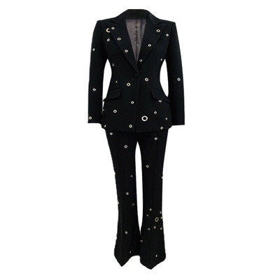 Designer Women Hand Made Metal Rings White Blazer + Mid-High Rise Flare Trousers Pants Suit White/ Black for prom party wedding gift