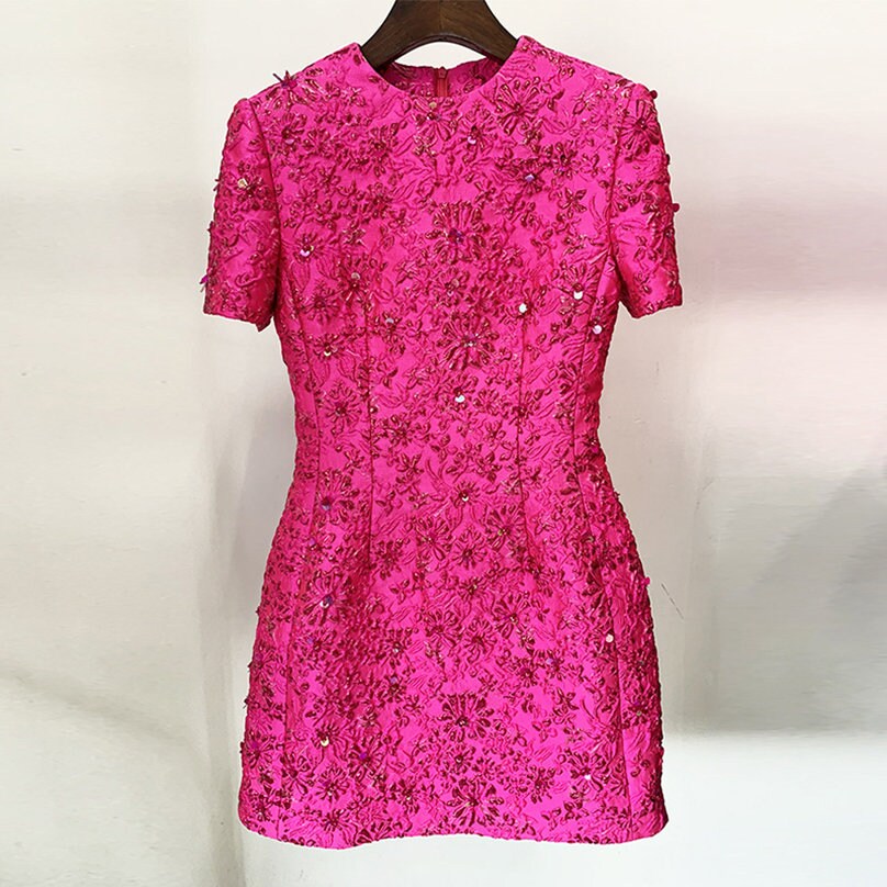 Women Luxury Hand Made 3D Flowers Embroidery Blazer / Short Mini Dress Hot Pink for prom party wedding gift