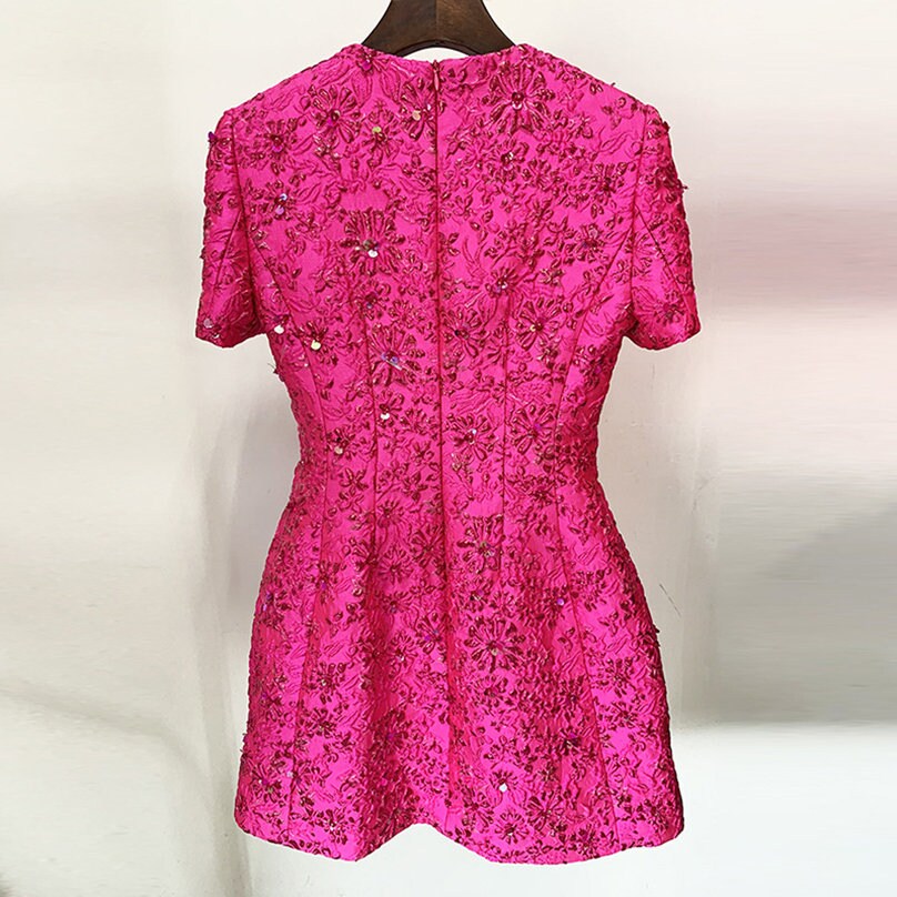 Women Luxury Hand Made 3D Flowers Embroidery Blazer / Short Mini Dress Hot Pink for prom party wedding gift