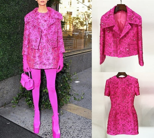 Women Luxury Hand Made 3D Flowers Embroidery Blazer / Short Mini Dress Hot Pink for prom party wedding gift