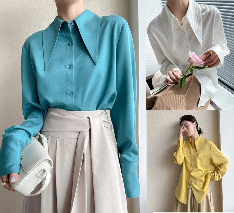 Blue/Yellow/White Designer art blouse, elegant shirt in minimalist style, big collar & smooth material, for casual/formal/ gift for her