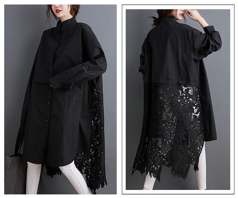 Women loose fit shirt dress with pockets, solid color lace tail long sleeve all seasons casual everyday dress sweater dress plus size