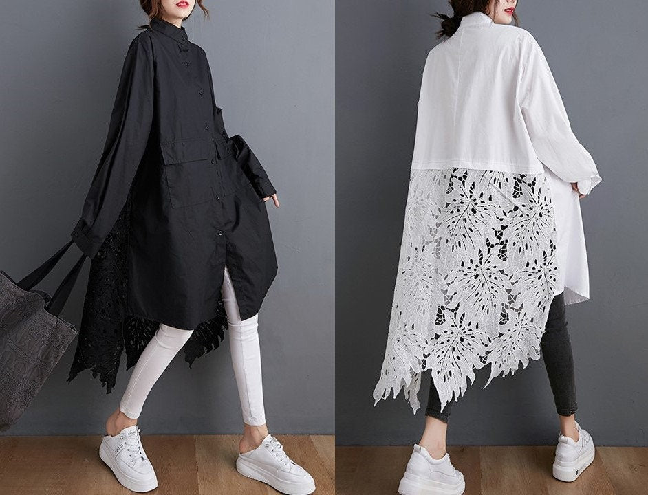 Women loose fit shirt dress with pockets, solid color lace tail long sleeve all seasons casual everyday dress sweater dress plus size