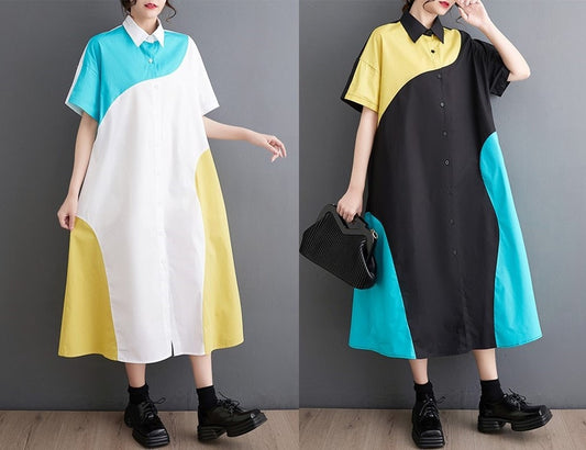 Women loose fit shirt dress with pockets, patchwork style shirt short sleeve collared all seasons casual everyday sweater dress plus size