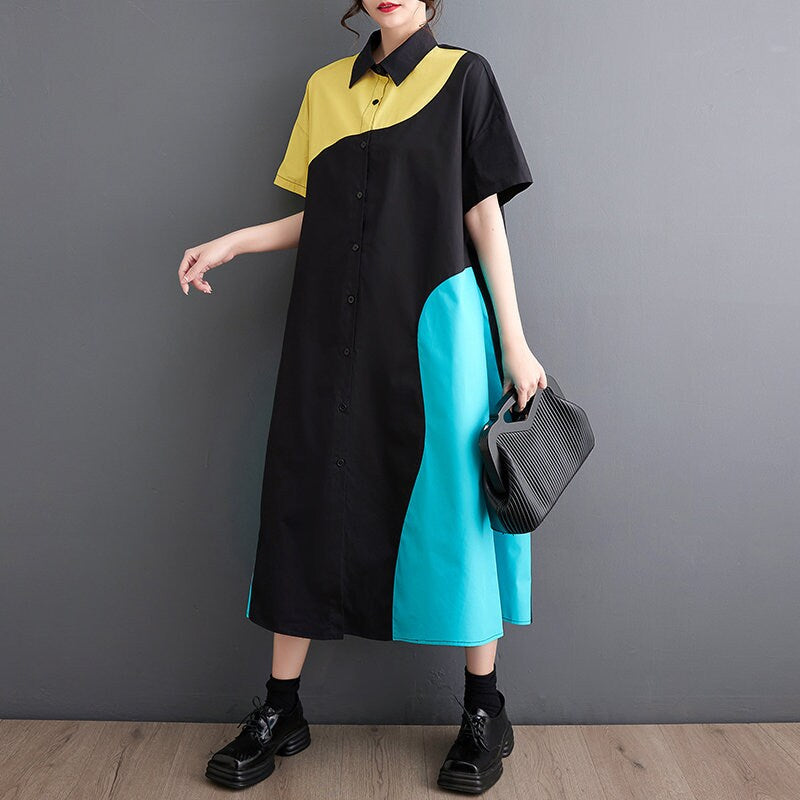 Women loose fit shirt dress with pockets, patchwork style shirt short sleeve collared all seasons casual everyday sweater dress plus size