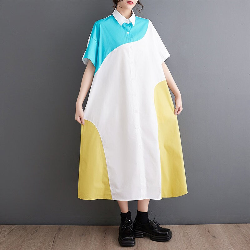 Women loose fit shirt dress with pockets, patchwork style shirt short sleeve collared all seasons casual everyday sweater dress plus size