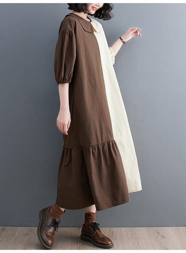 Women loose fit shirt dress asymmetric design, patchwork style short sleeve collared all seasons casual everyday sweater dress plus size