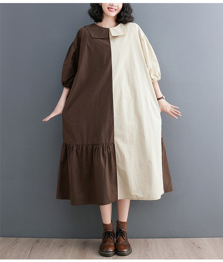 Women loose fit shirt dress asymmetric design, patchwork style short sleeve collared all seasons casual everyday sweater dress plus size