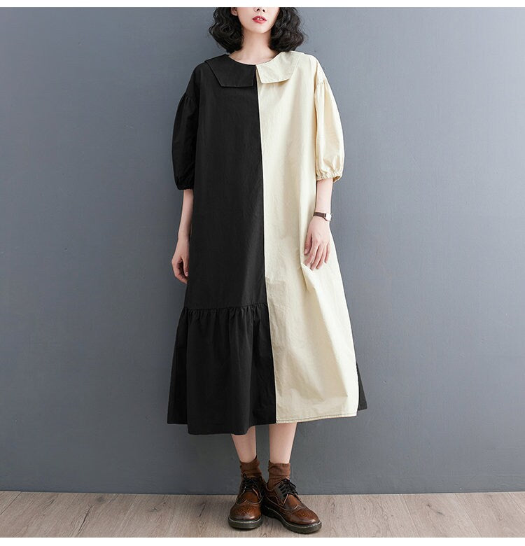 Women loose fit shirt dress asymmetric design, patchwork style short sleeve collared all seasons casual everyday sweater dress plus size