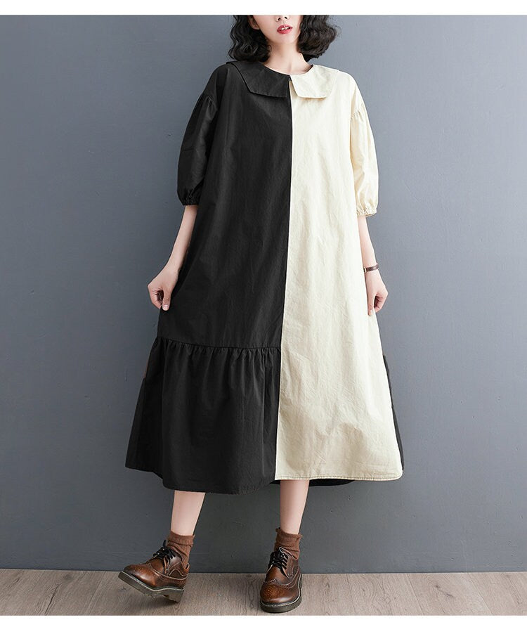 Women loose fit shirt dress asymmetric design, patchwork style short sleeve collared all seasons casual everyday sweater dress plus size