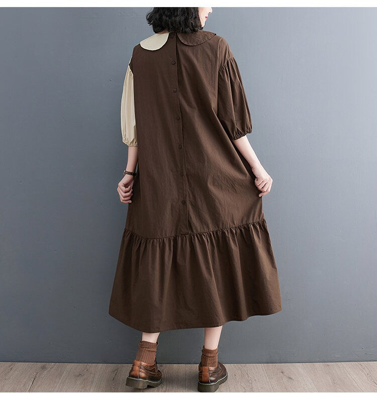 Women loose fit shirt dress asymmetric design, patchwork style short sleeve collared all seasons casual everyday sweater dress plus size