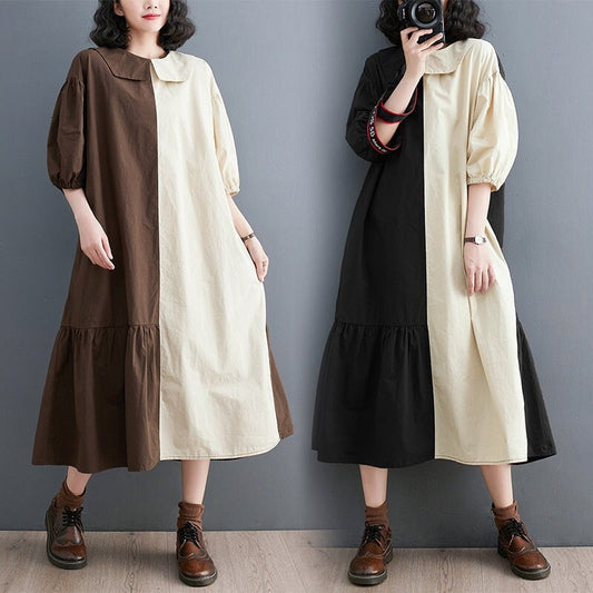 Women loose fit shirt dress asymmetric design, patchwork style short sleeve collared all seasons casual everyday sweater dress plus size