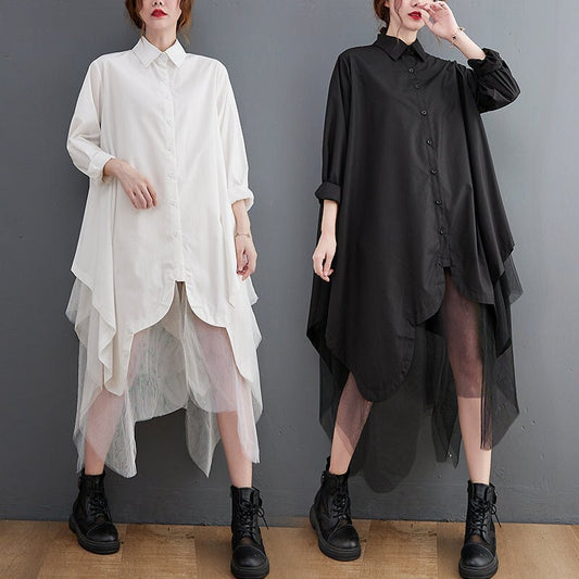 Women loose fit shirt dress double layers, irregular cut style sleeve collared all seasons casual everyday sweater dress plus size