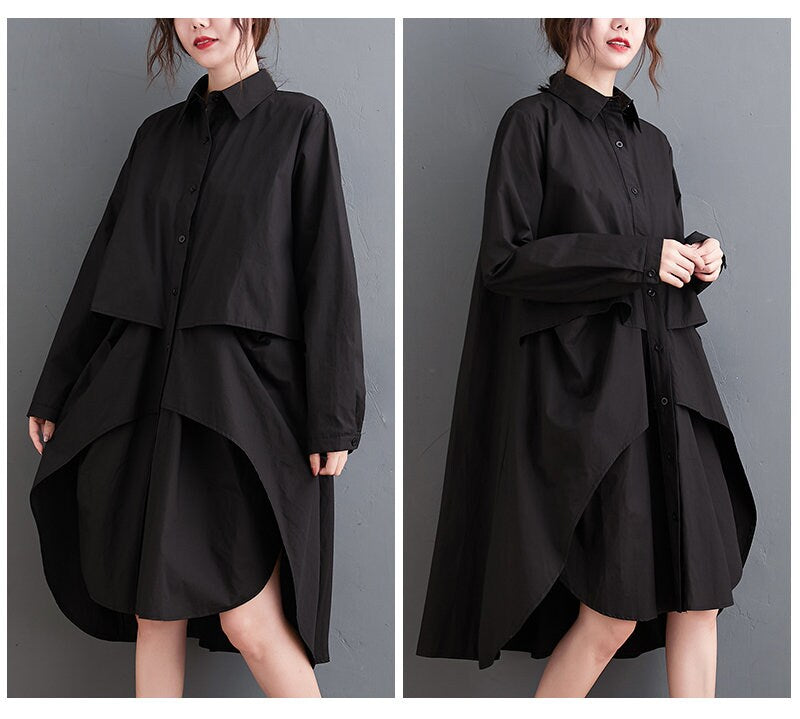 Women loose fit shirt dress layered, irregular cut style sleeve collared all seasons casual everyday sweater dress plus size