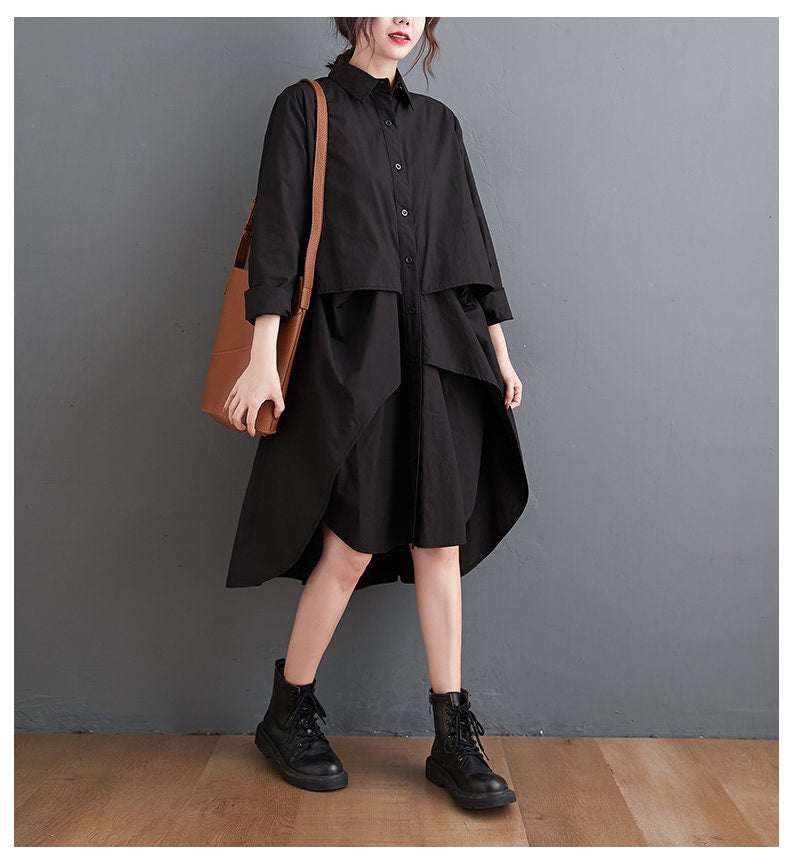 Women loose fit shirt dress layered, irregular cut style sleeve collared all seasons casual everyday sweater dress plus size