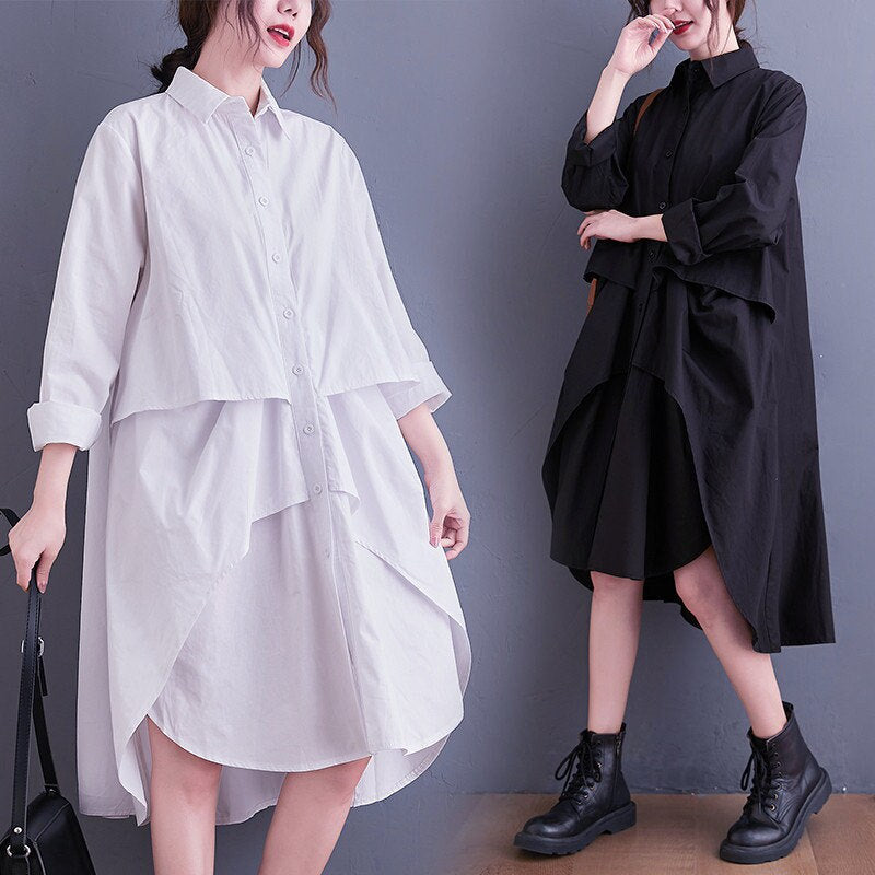 Women loose fit shirt dress layered, irregular cut style sleeve collared all seasons casual everyday sweater dress plus size