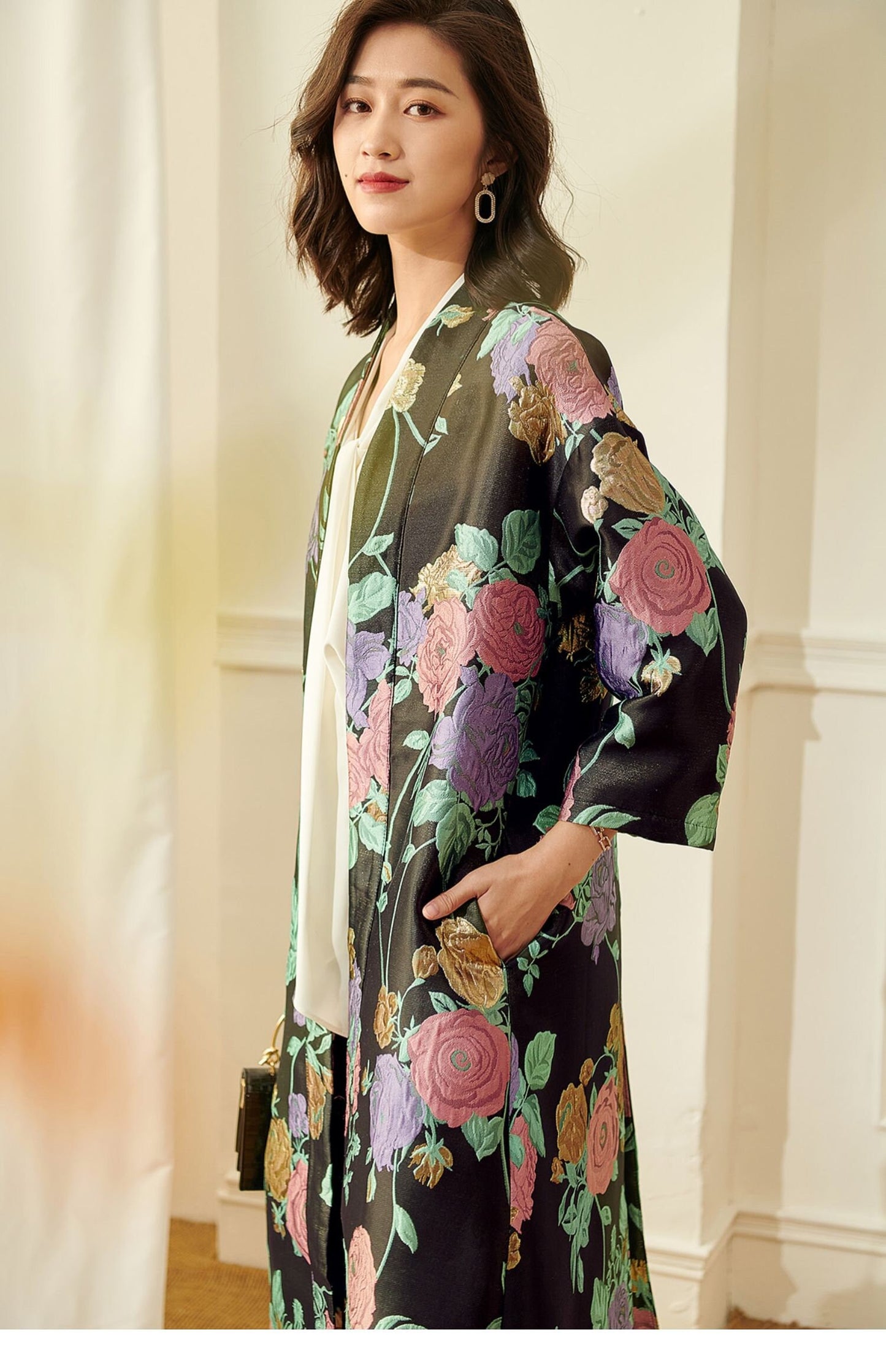 Women floral embroidery dress coat, allover pattern long duster coat maxi dress classic elegant all seasons party cocktail wedding