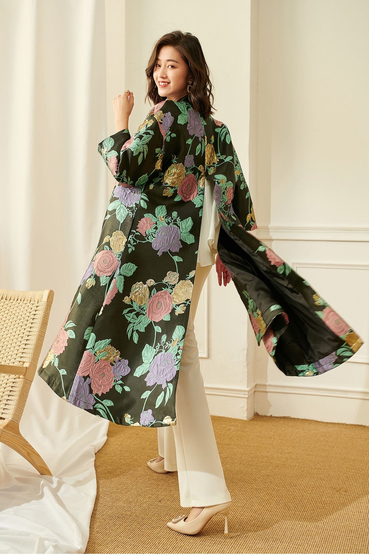 Women floral embroidery dress coat, allover pattern long duster coat maxi dress classic elegant all seasons party cocktail wedding