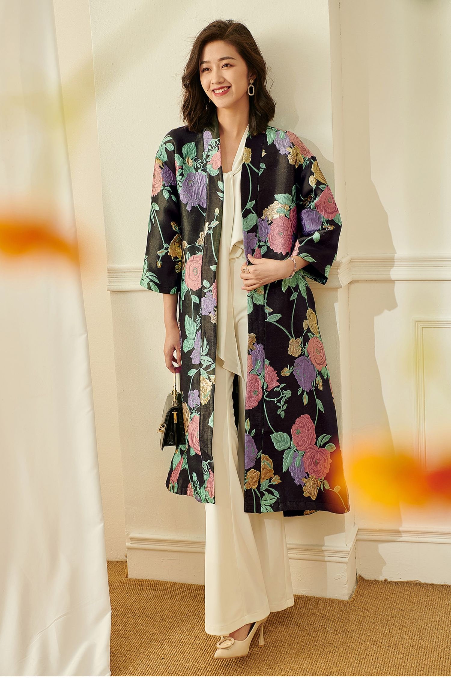 Women floral embroidery dress coat, allover pattern long duster coat maxi dress classic elegant all seasons party cocktail wedding