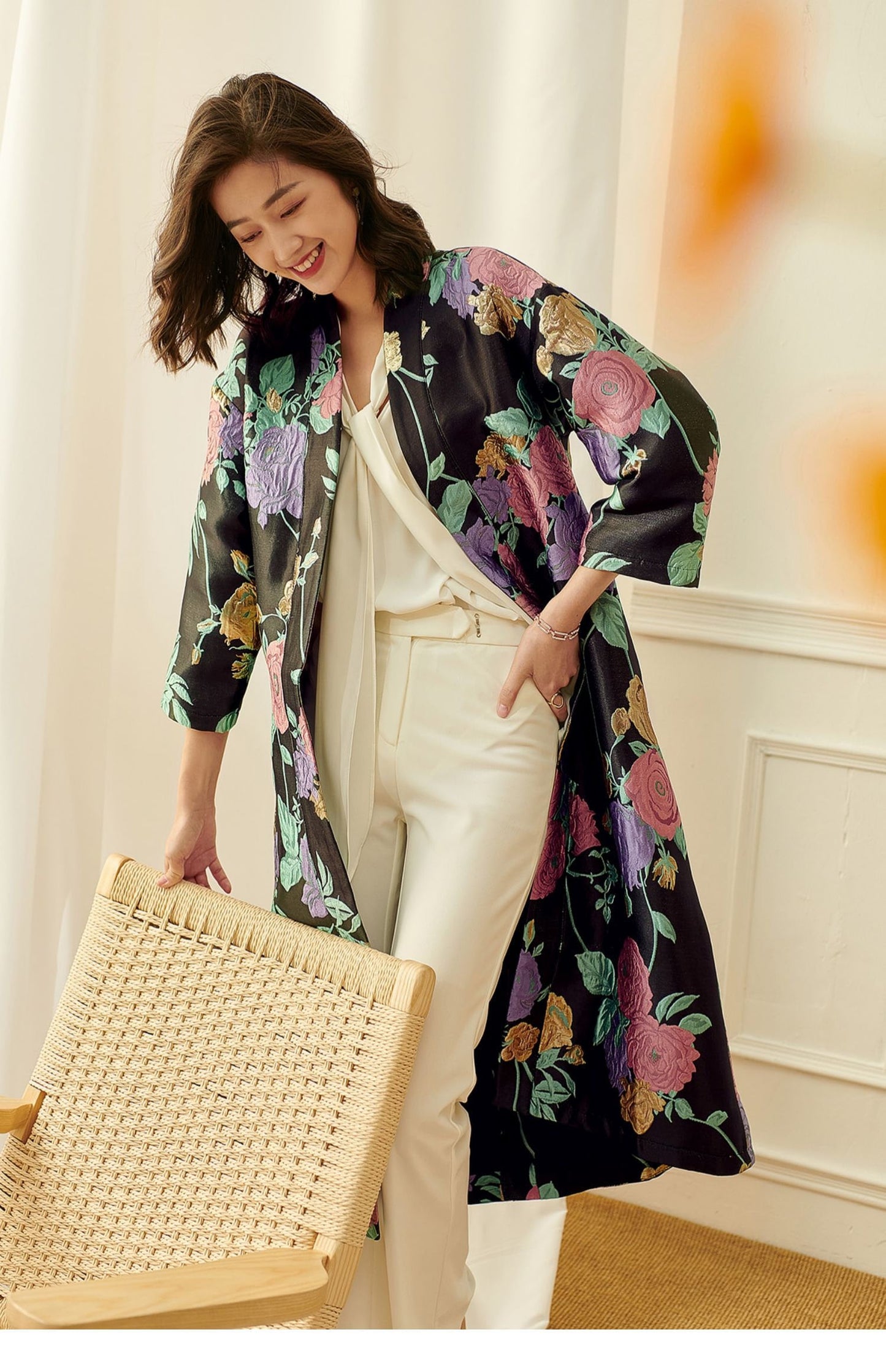 Women floral embroidery dress coat, allover pattern long duster coat maxi dress classic elegant all seasons party cocktail wedding