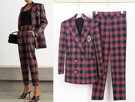 Checkered pantsuit double breast, designer women blazer + pant London preppy style spring summer suit set formal party office wedding