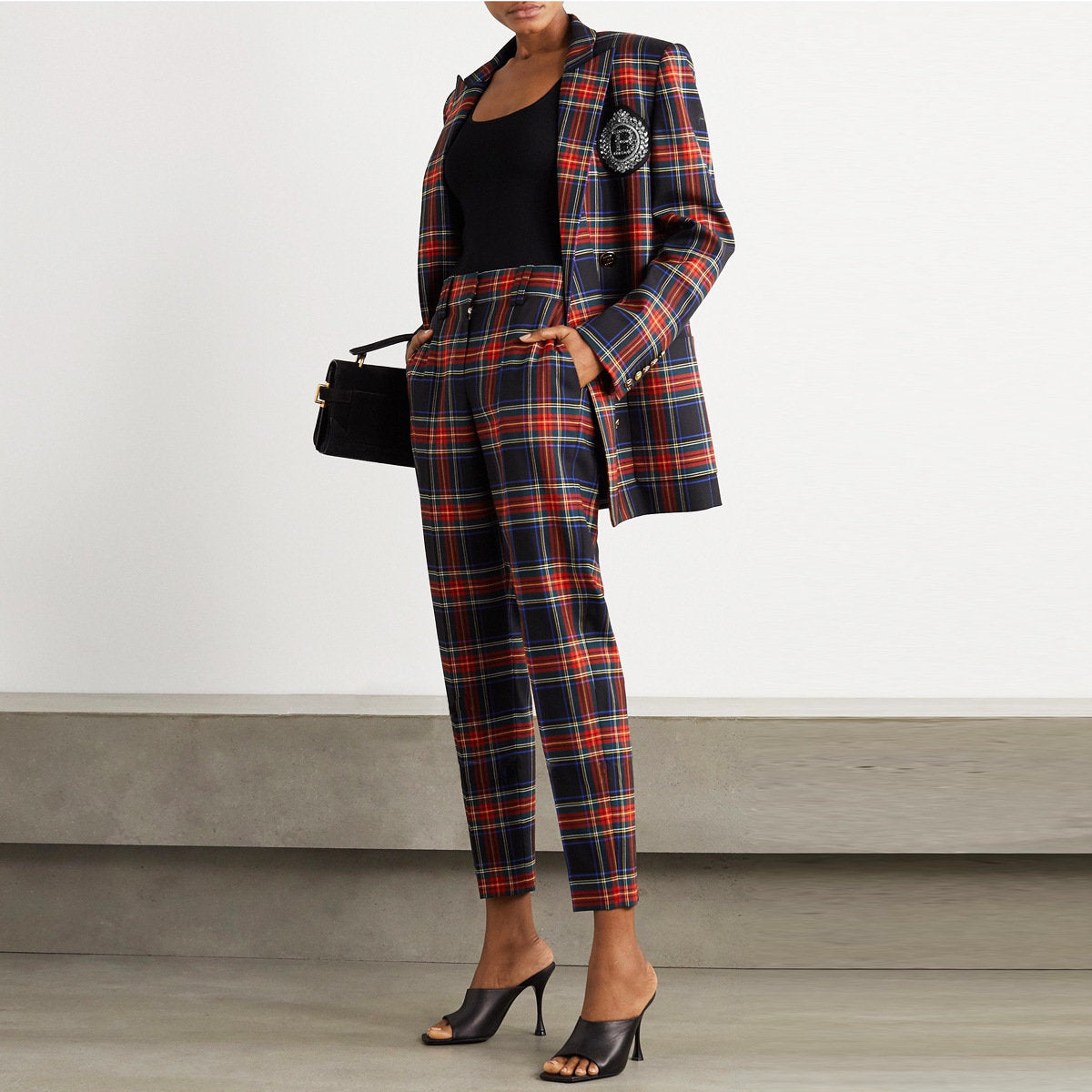 Checkered pantsuit double breast, designer women blazer + pant London preppy style spring summer suit set formal party office wedding