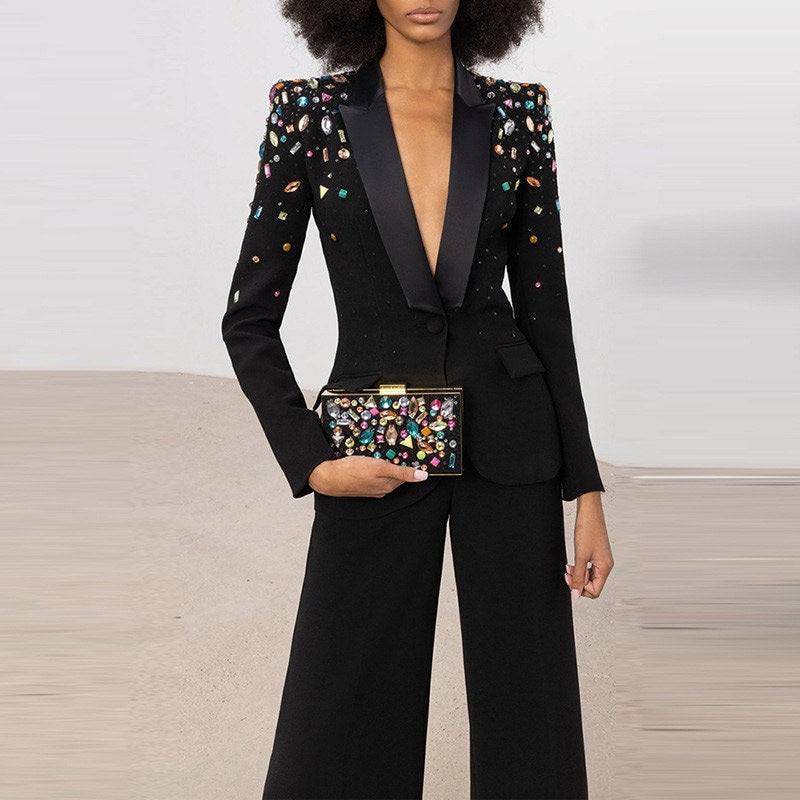 Beaded Embellished Women's Pant Suit, designer women blazer + pants colorful beads slim cut suit set formal party office wedding