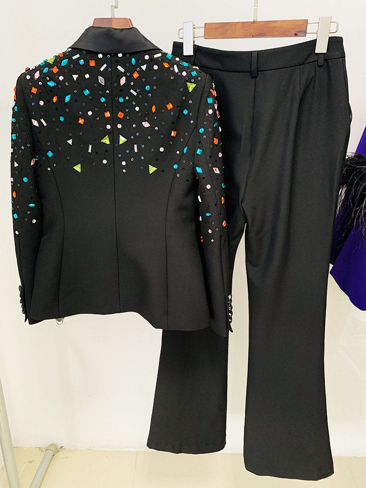 Beaded Embellished Women's Pant Suit, designer women blazer + pants colorful beads slim cut suit set formal party office wedding