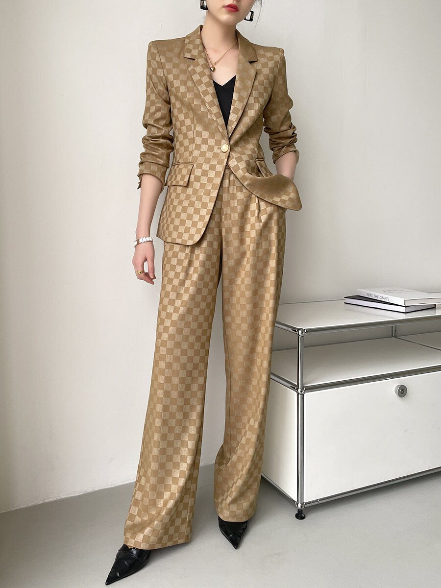 Khali checkered pantsuit, designer women blazer + high waist pant, subtle pattern spring summer suit set formal party office wedding