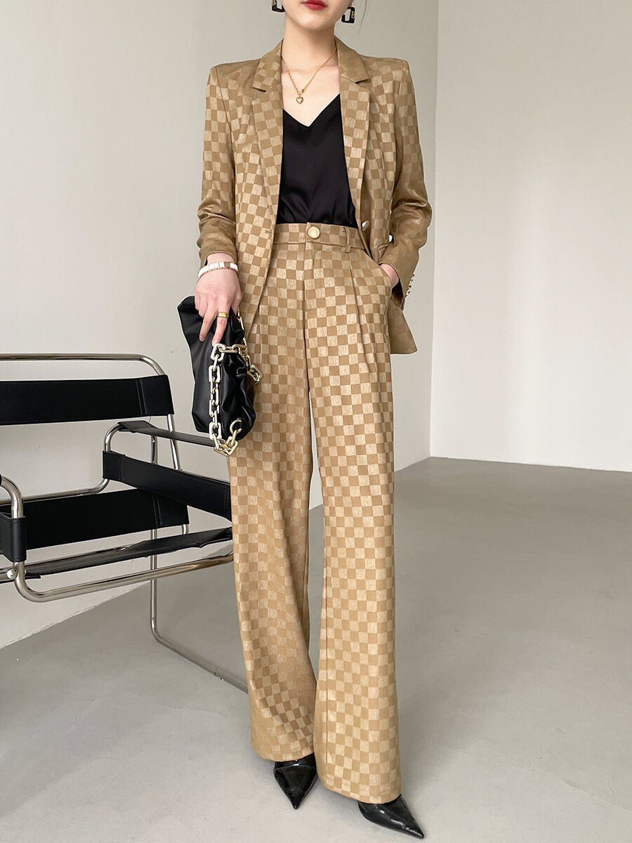 Khali checkered pantsuit, designer women blazer + high waist pant, subtle pattern spring summer suit set formal party office wedding