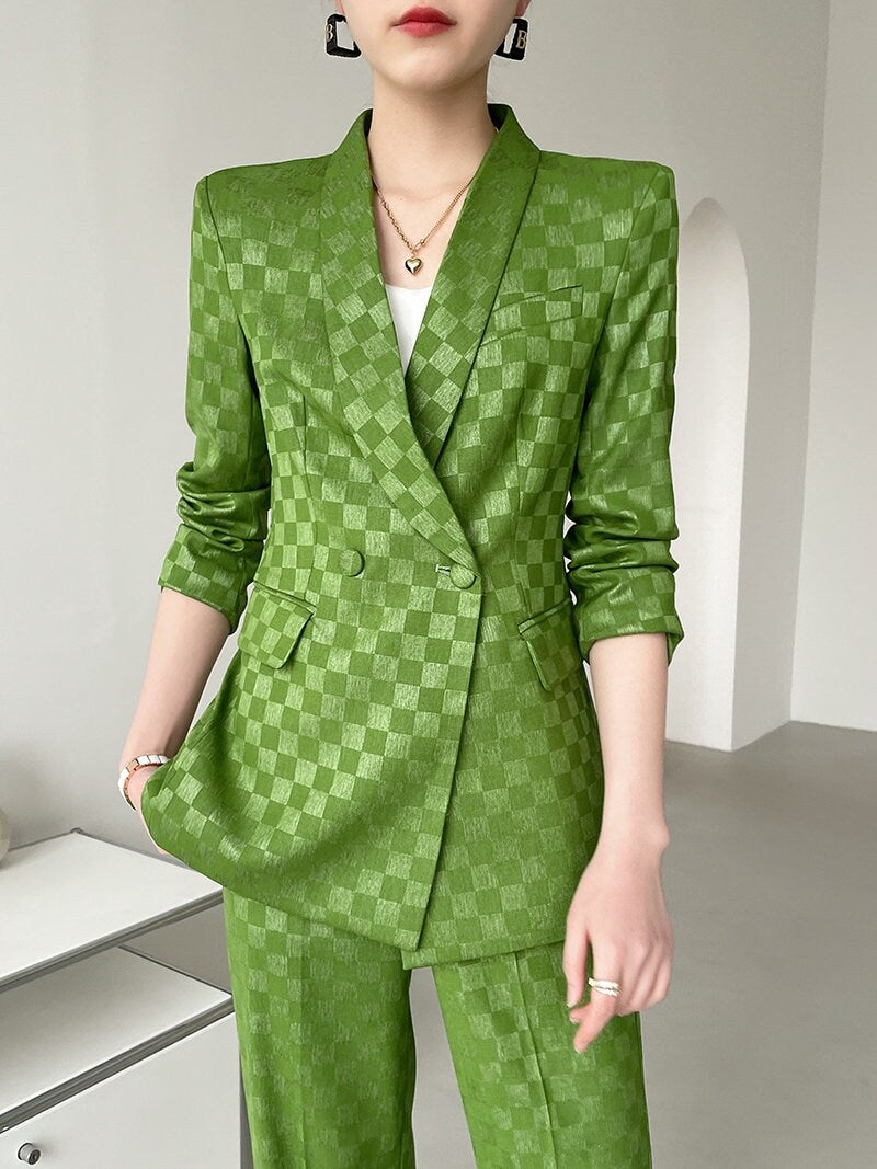 Green checkered pantsuit, designer women blazer + high waist pants subtle pattern spring summer suit set formal party office wedding