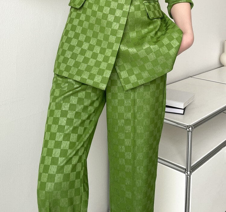 Green checkered pantsuit, designer women blazer + high waist pants subtle pattern spring summer suit set formal party office wedding