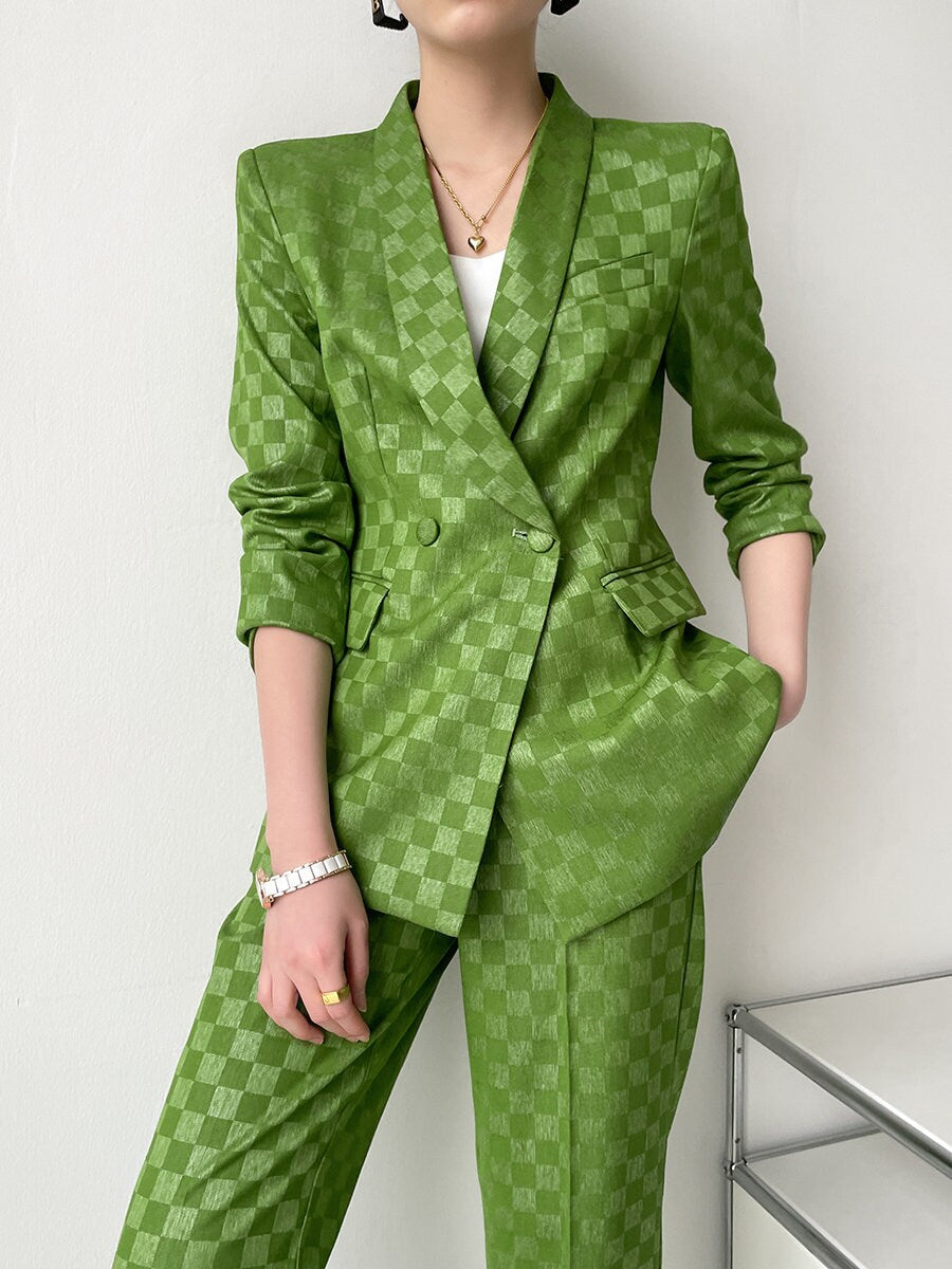 Green checkered pantsuit, designer women blazer + high waist pants subtle pattern spring summer suit set formal party office wedding