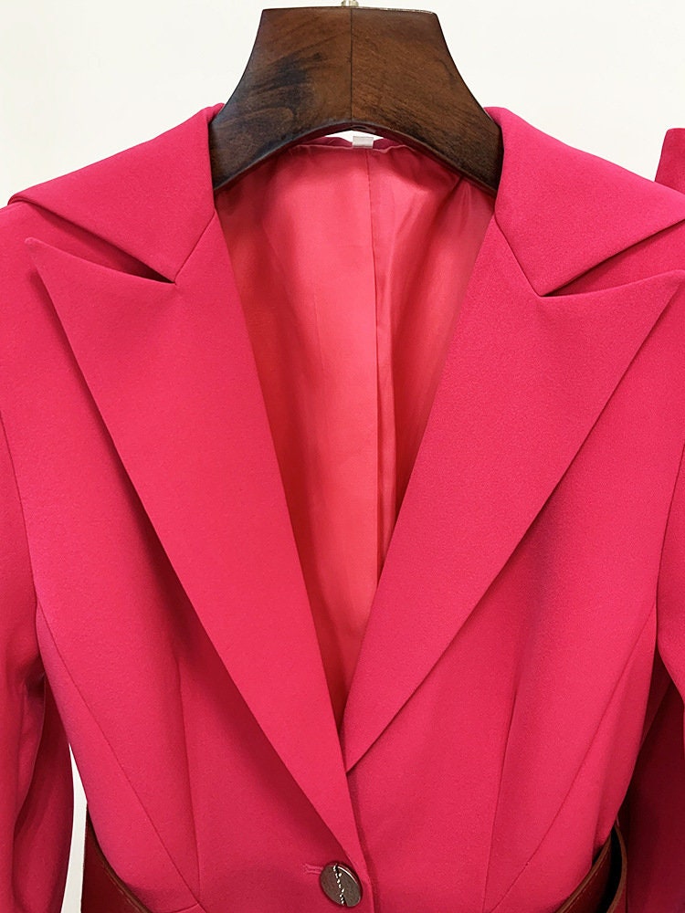 Women's Navy Hot Pink Belted Pantsuit, Mid-length Jacket Coat Blazer+ Long Pants Trousers Suit formal party wedding prom office