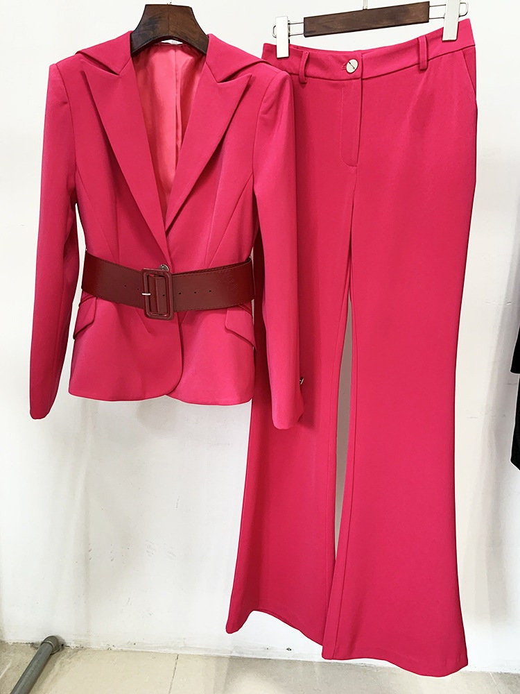 Women's Navy Hot Pink Belted Pantsuit, Mid-length Jacket Coat Blazer+ Long Pants Trousers Suit formal party wedding prom office