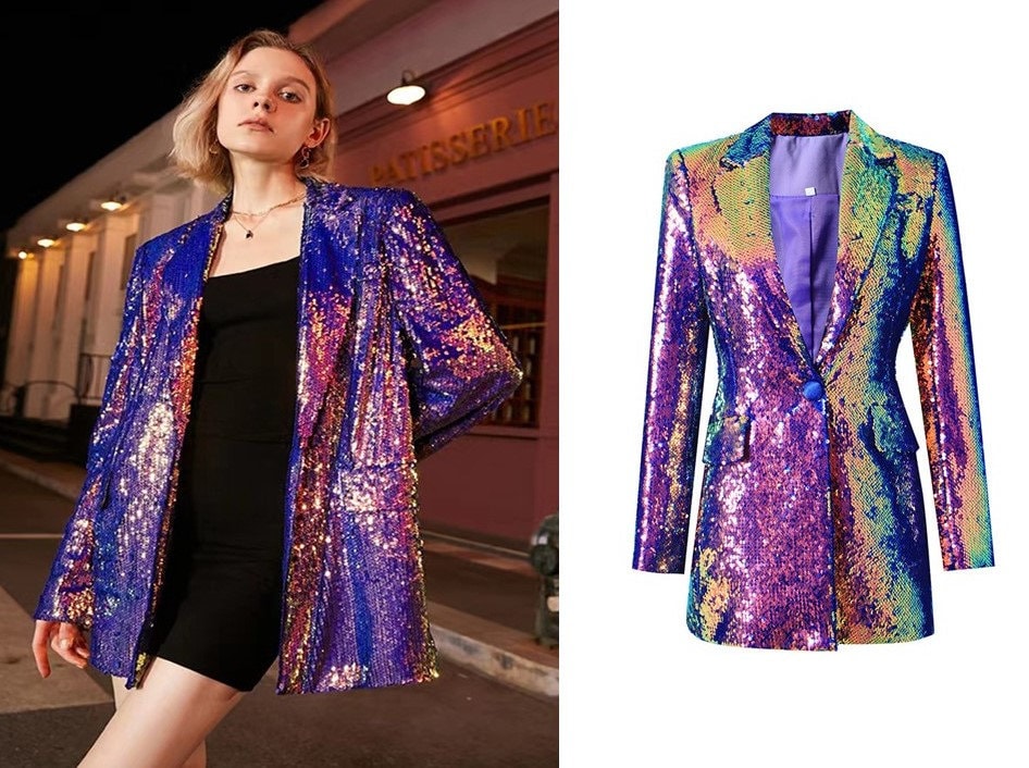 Women's Luxury One Button Suit Jacket, Rainbow Multi-Color / Black Sequinned Mid-length Blazer Coat for wedding party office event